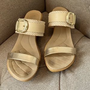 Gold slip on low wedge sandals size 8